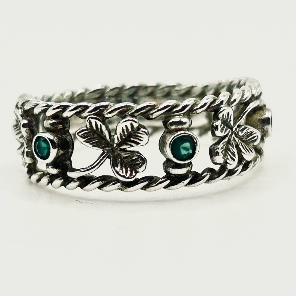 Vintage Green Agate Lucky Irish Shamrock 925 Sterling Silver Ring size 8.5 - Picture 4 of 12